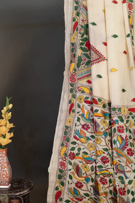 Bolpur – Hand-Stitched Beige Bird Motif Nakshi Kantha Saree