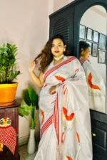 Bolpur – Hand-Stitched Light Pink Stork Motif Nakshi Kantha Saree