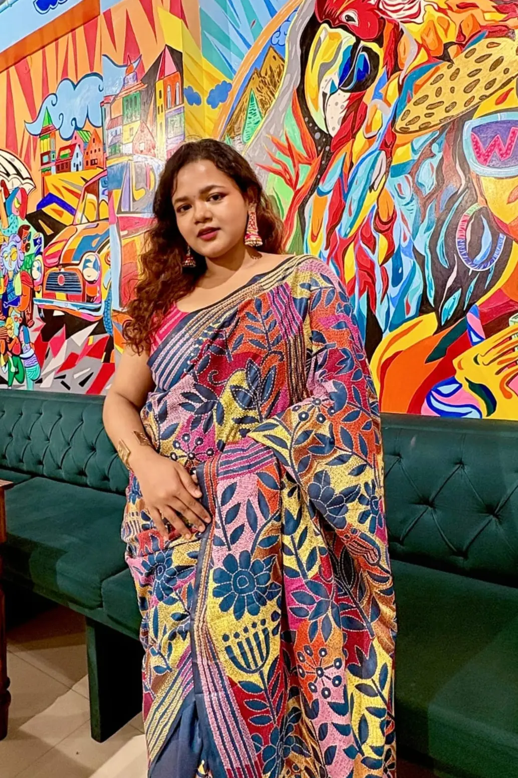 Untitled design (10) Bolpur – Hand-Stitched Dark Blue Floral Reverse Kantha Saree - Image 1