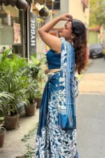 Bolpur – Prussian Blue Floral Blended Silk Collage Kantha Saree
