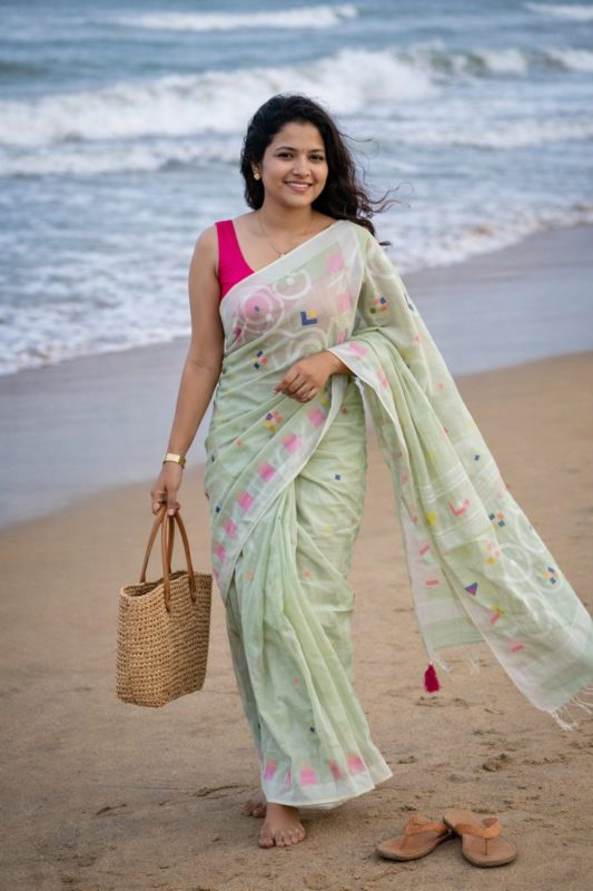 Phulia – Mint Green Pure Cotton Handloom Jamdani Saree HAAT INDIA