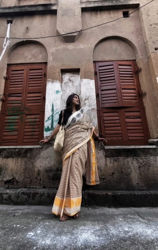 Striped Yellow and Black Cotton Saree